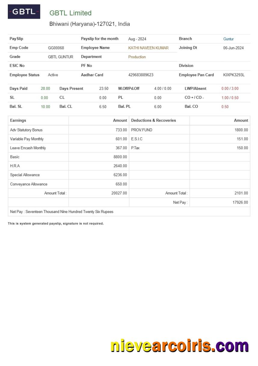 GBTL Limited textile company payslip